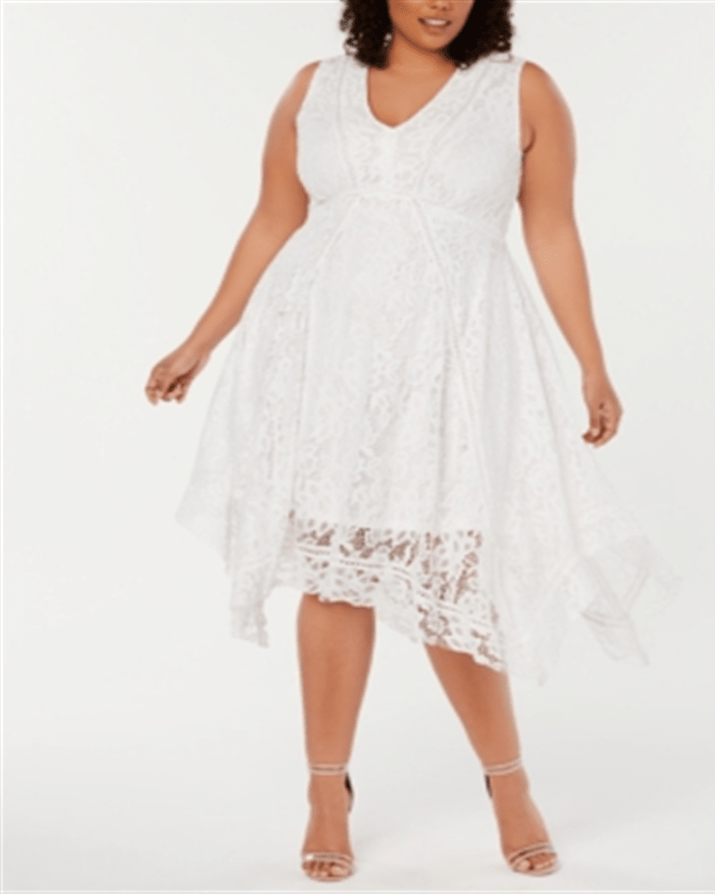 Front of a model wearing a size 22W Taylor Women'sPlus Size Lace Handkerchief-Hem Dress White Size 22W in White by TAYLOR. | dia_product_style_image_id:314721